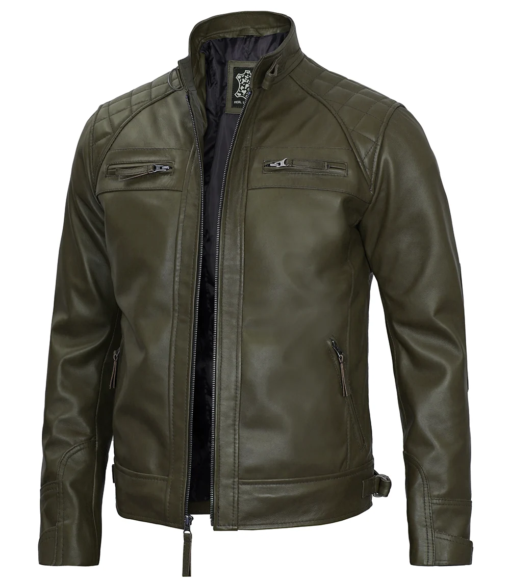 Classic Men's Dark Green Real Leather Cafe Racer Biker Jacket