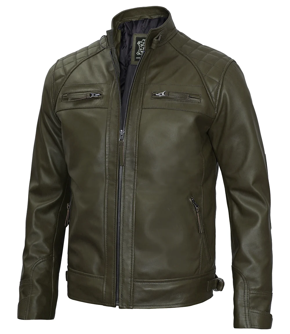 Classic Men's Dark Green Real Leather Cafe Racer Biker Jacket