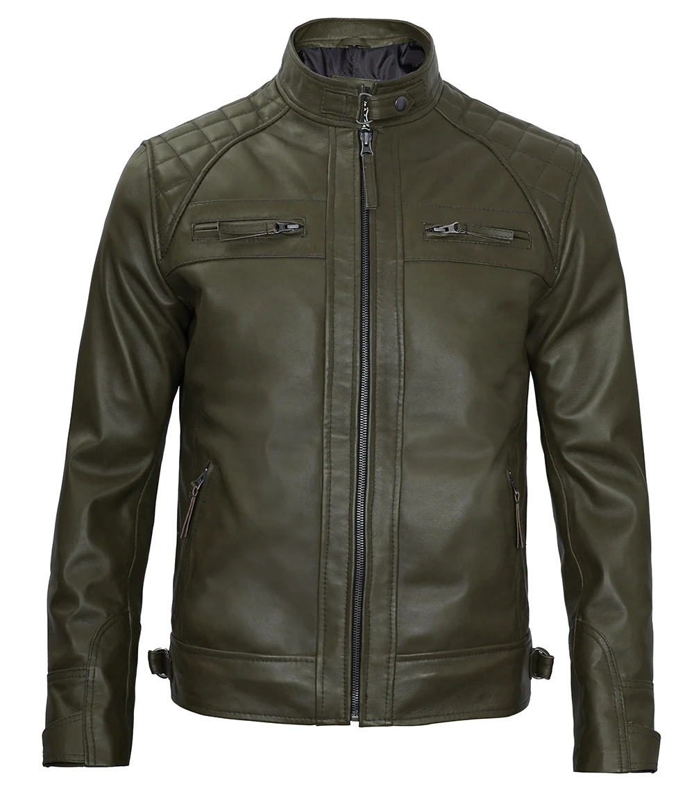 Classic Men's Dark Green Real Leather Cafe Racer Biker Jacket