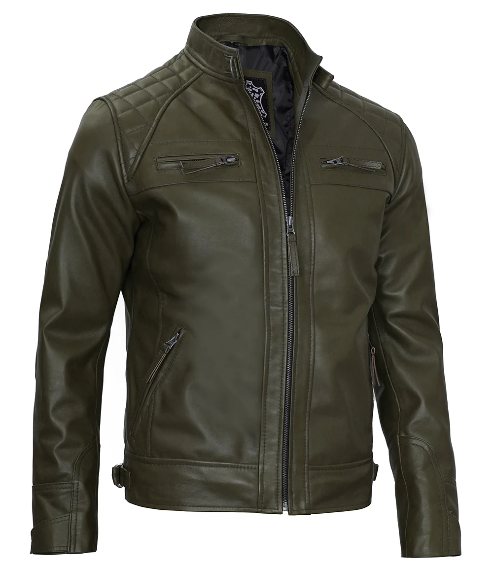 Classic Men's Dark Green Real Leather Cafe Racer Biker Jacket