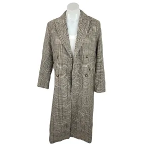 Commense Gray Plaid Double Breasted Pockets Long Trench Coat Blazer Jacket Sz XS