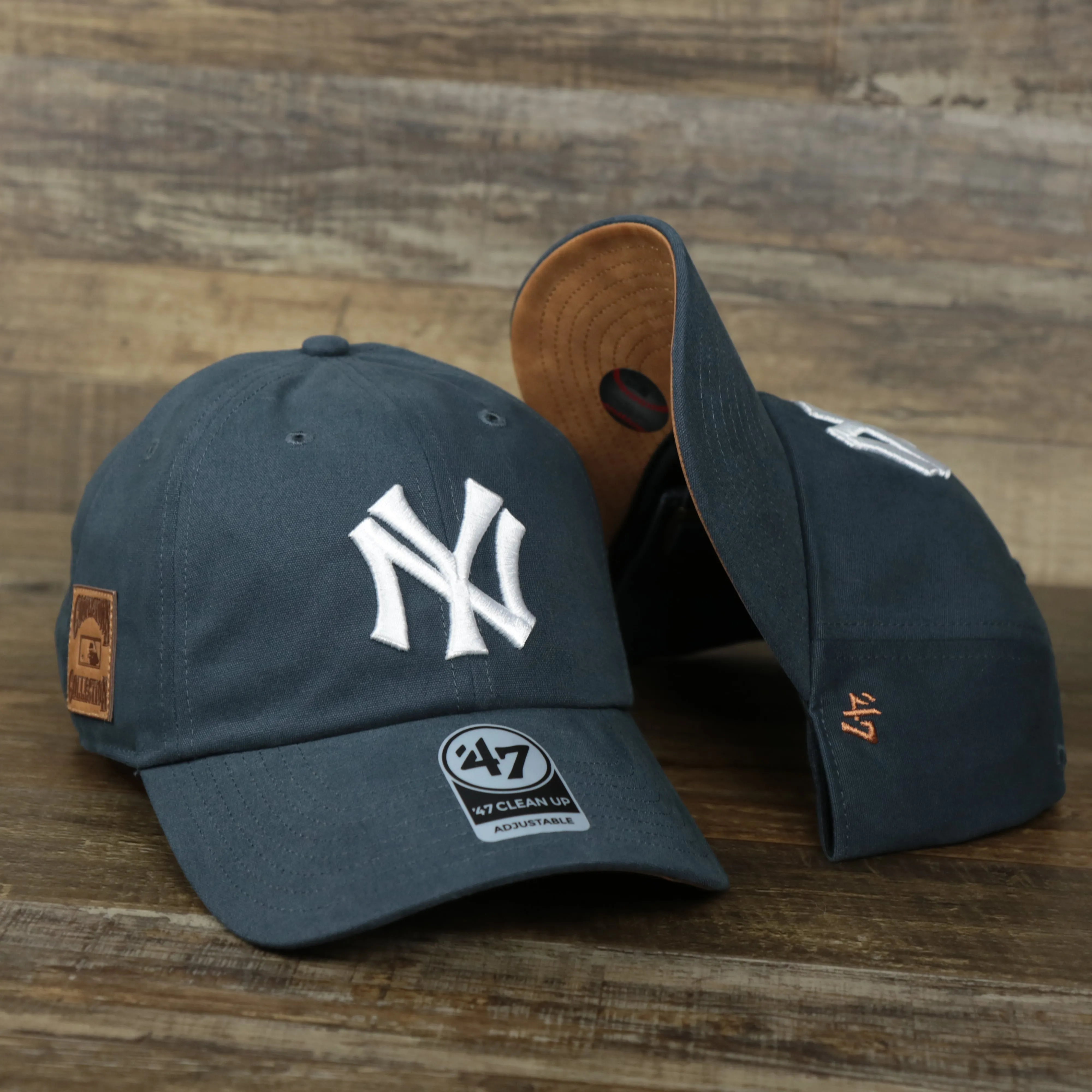 Cooperstown Collection New York Yankees Side Patch Leather Brown Undervisor Vintage Navy Dad Hat