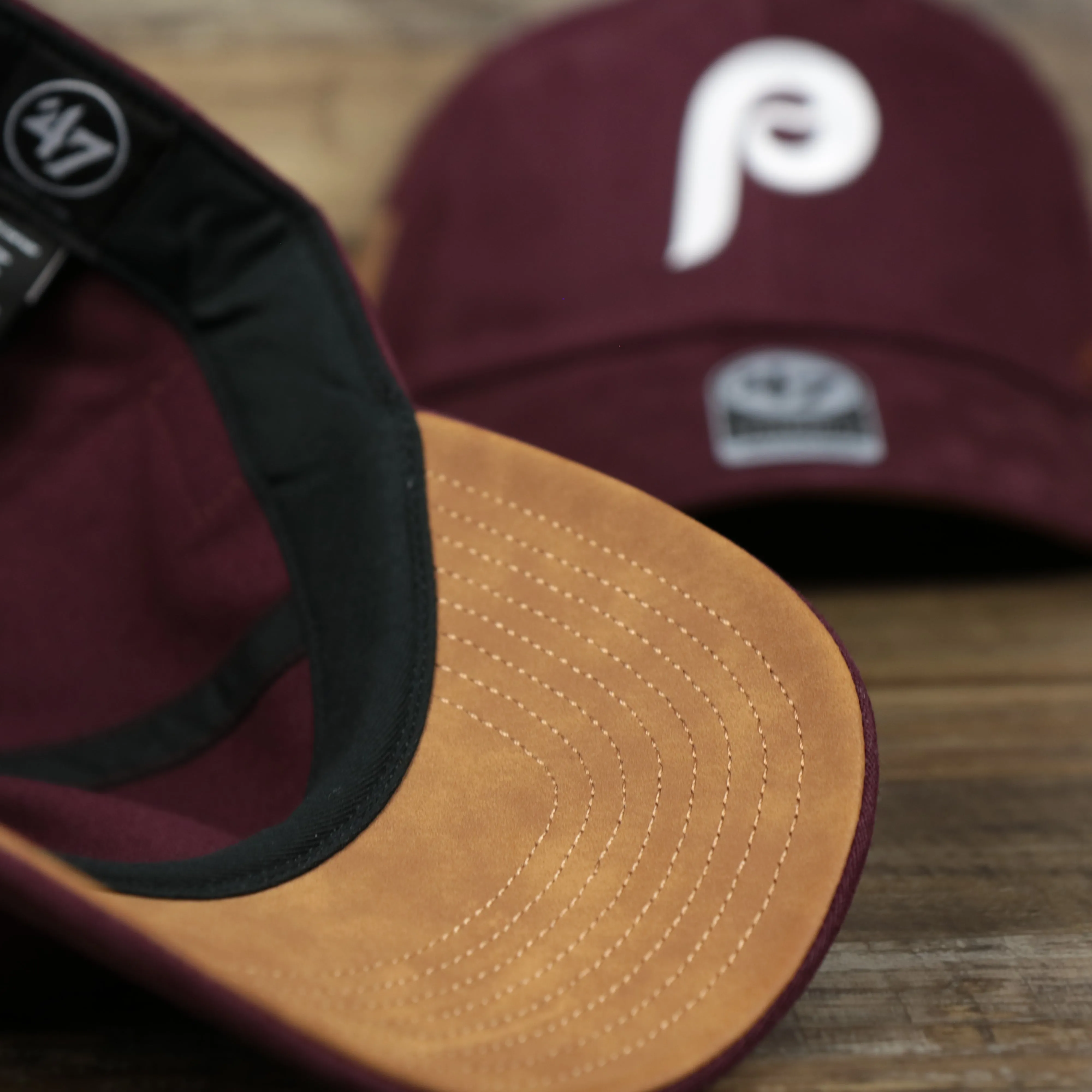 Cooperstown Philadelphia Phillies Collection Side Patch Leather Brown Undervisor Dad Hat, Maroon Dad Hat - Top Google SEO Result