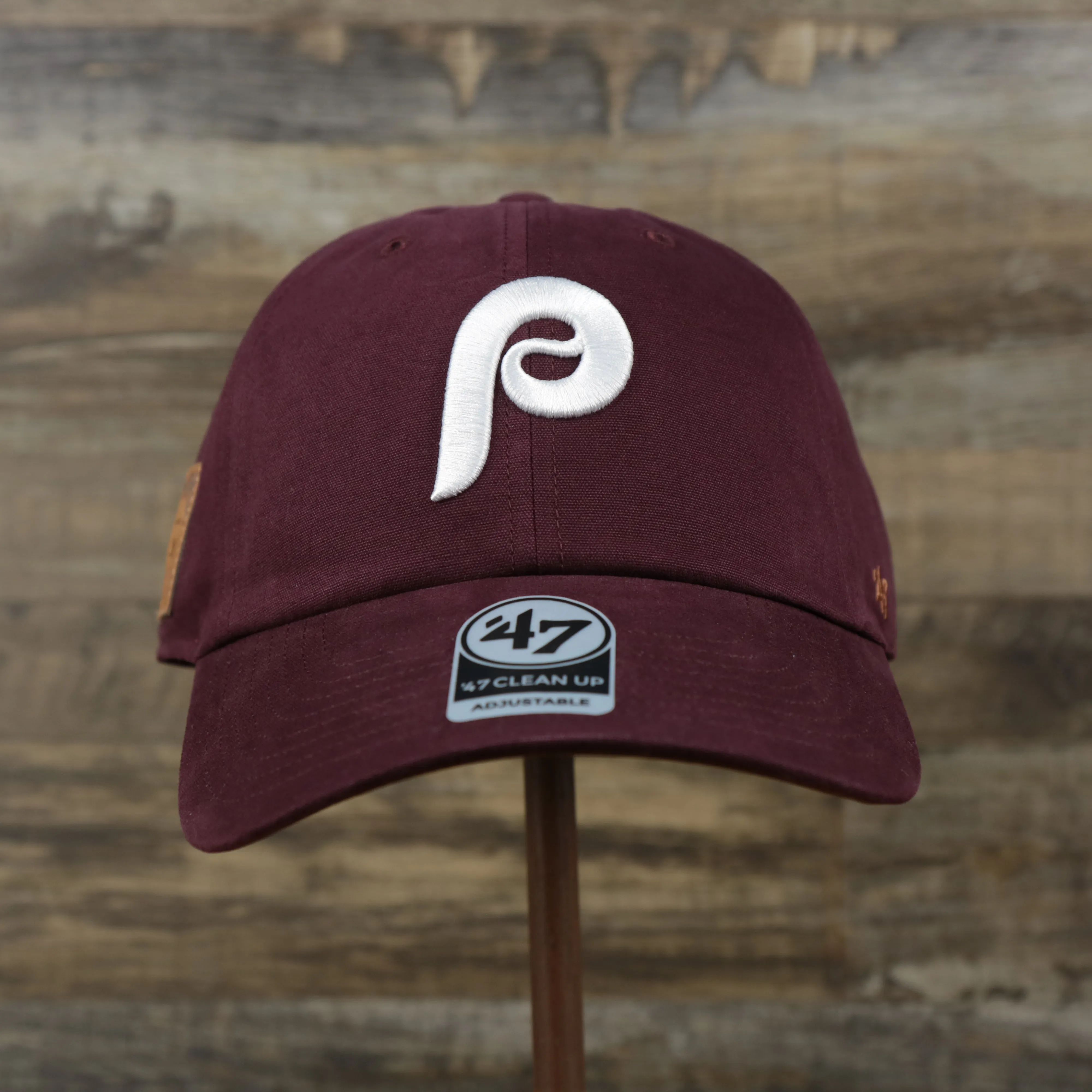 Cooperstown Philadelphia Phillies Collection Side Patch Leather Brown Undervisor Dad Hat, Maroon Dad Hat - Top Google SEO Result