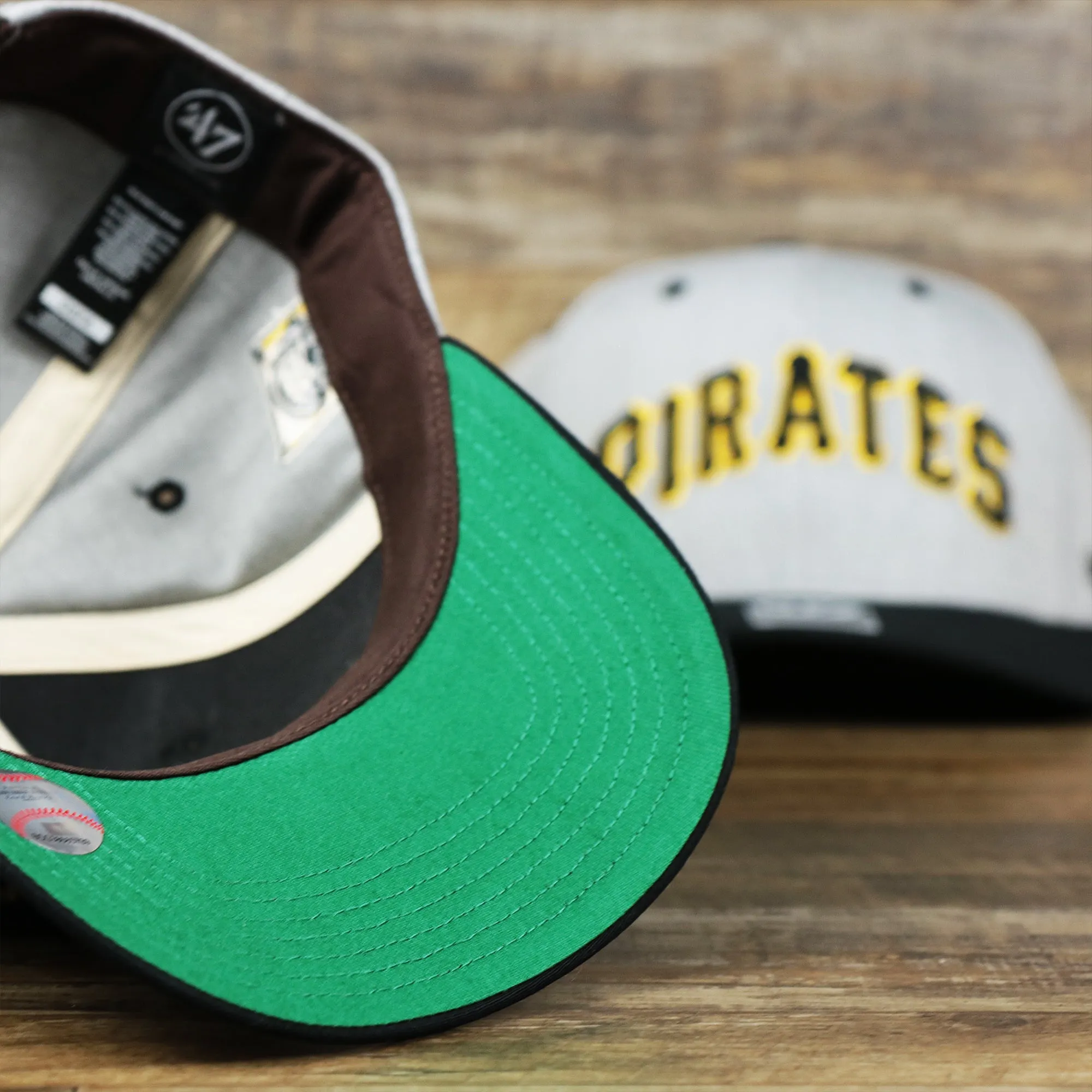 Cooperstown Pittsburgh Pirates Wordmark  Green Bottom 1980s Logo Pirates Side Patch Dad Hat in Gray - Buy Online