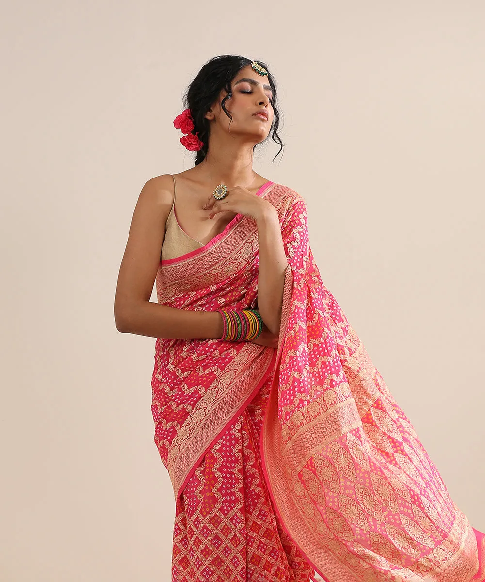 Coral Pink Handloom Georgette Banarasi Bandhej Saree With Zari Pallu