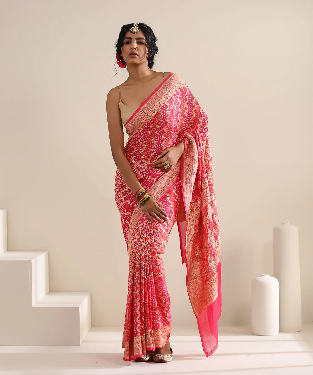 Coral Pink Handloom Georgette Banarasi Bandhej Saree With Zari Pallu