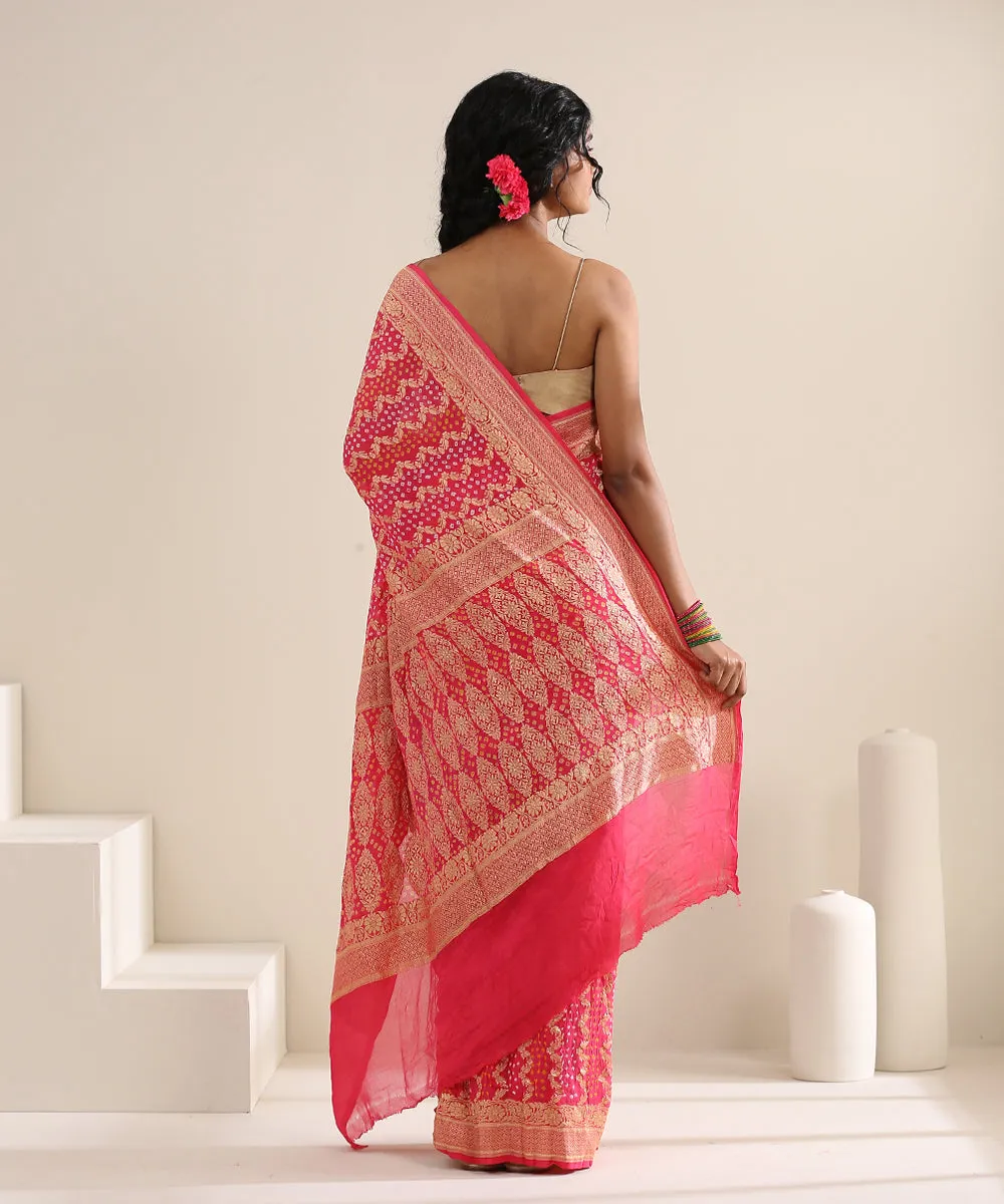 Coral Pink Handloom Georgette Banarasi Bandhej Saree With Zari Pallu