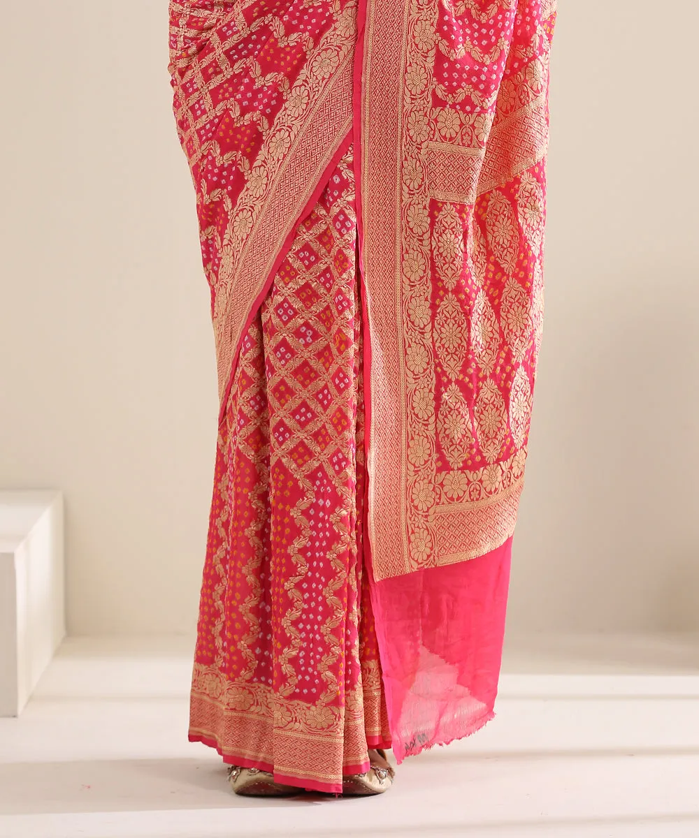 Coral Pink Handloom Georgette Banarasi Bandhej Saree With Zari Pallu