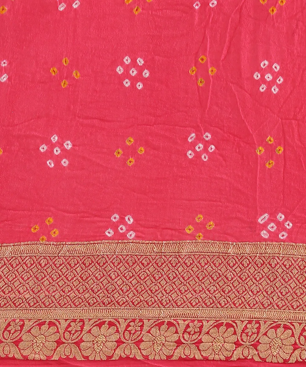 Coral Pink Handloom Georgette Banarasi Bandhej Saree With Zari Pallu