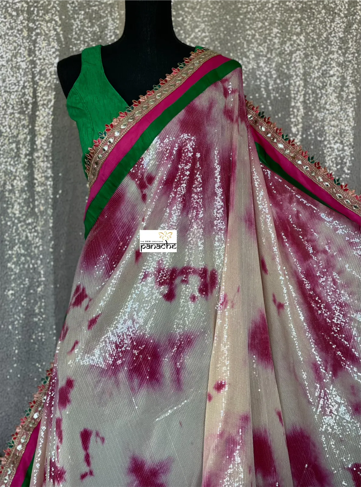 Designer Georgette Sequin Saree - Cream Magenta Tie Dye