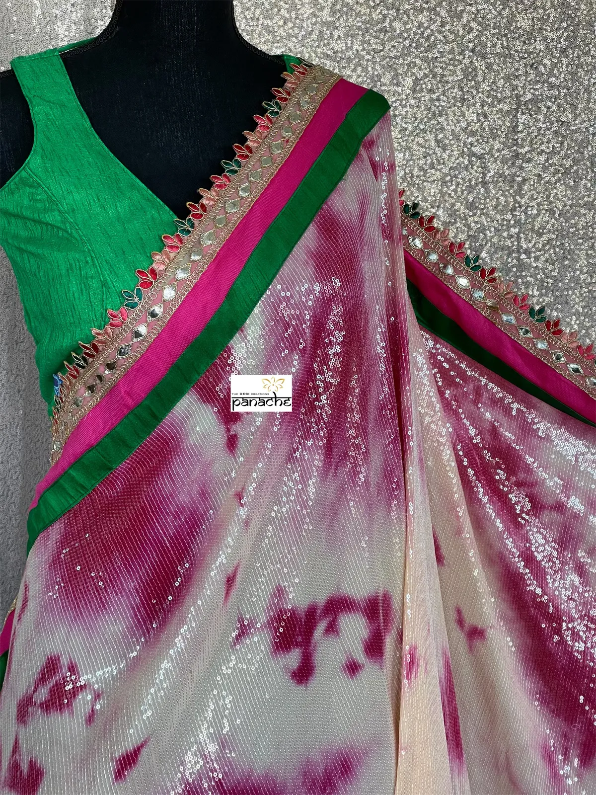 Designer Georgette Sequin Saree - Cream Magenta Tie Dye