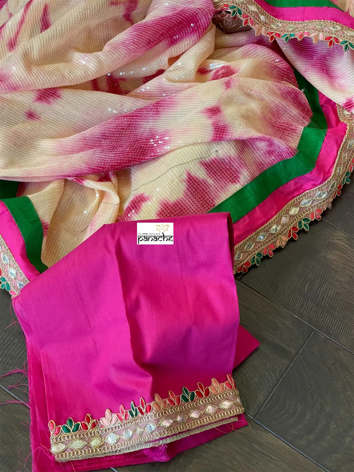 Designer Georgette Sequin Saree - Cream Magenta Tie Dye