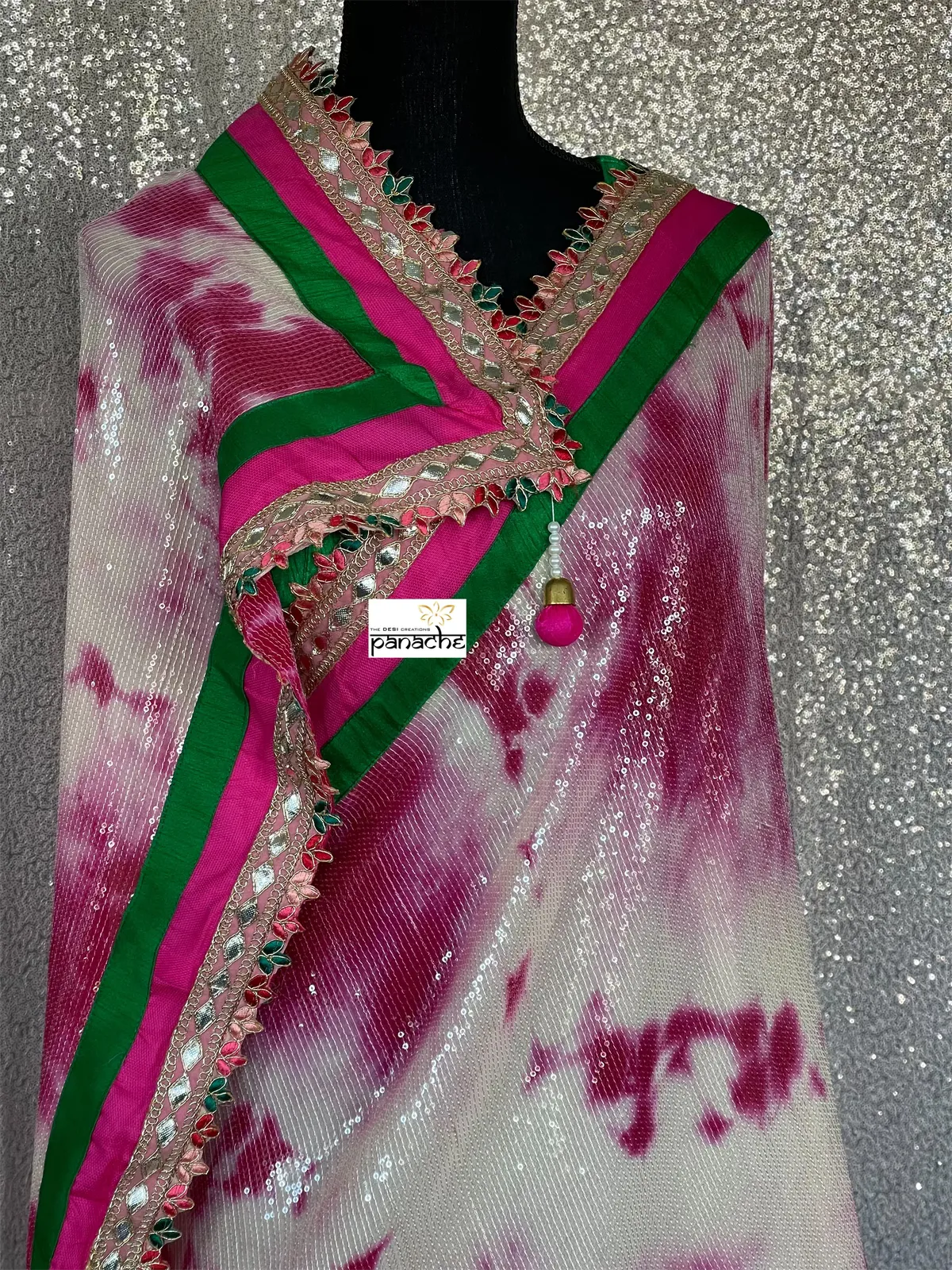 Designer Georgette Sequin Saree - Cream Magenta Tie Dye