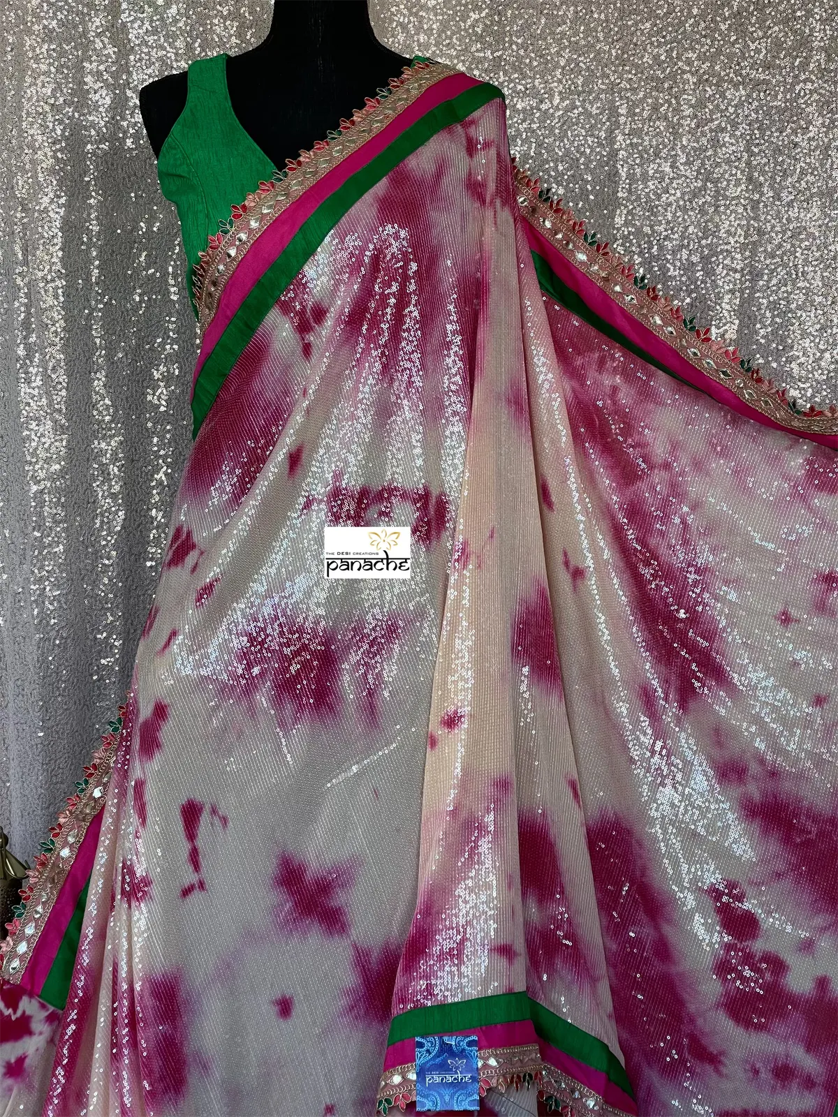 Designer Georgette Sequin Saree - Cream Magenta Tie Dye