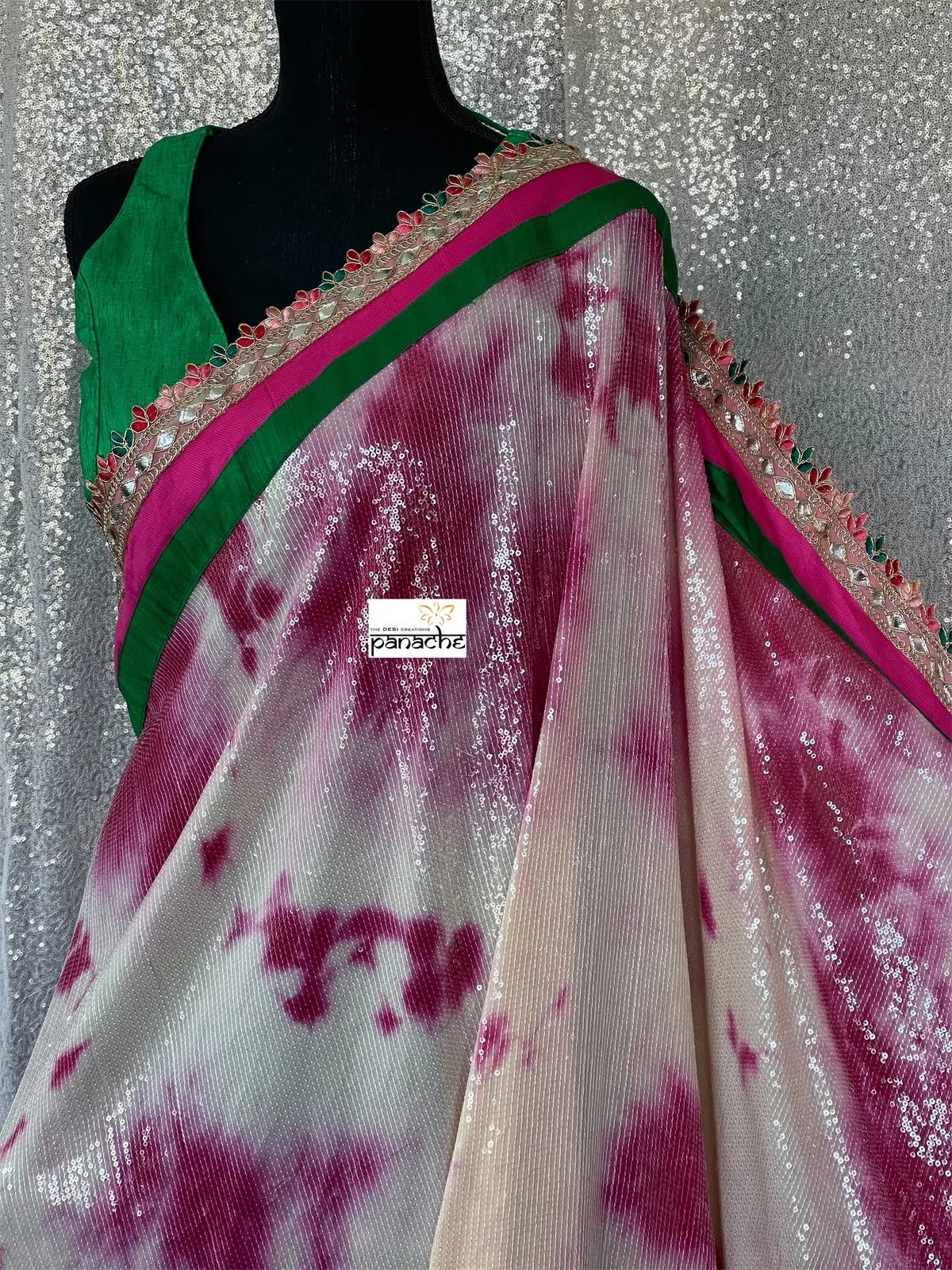 Designer Georgette Sequin Saree - Cream Magenta Tie Dye