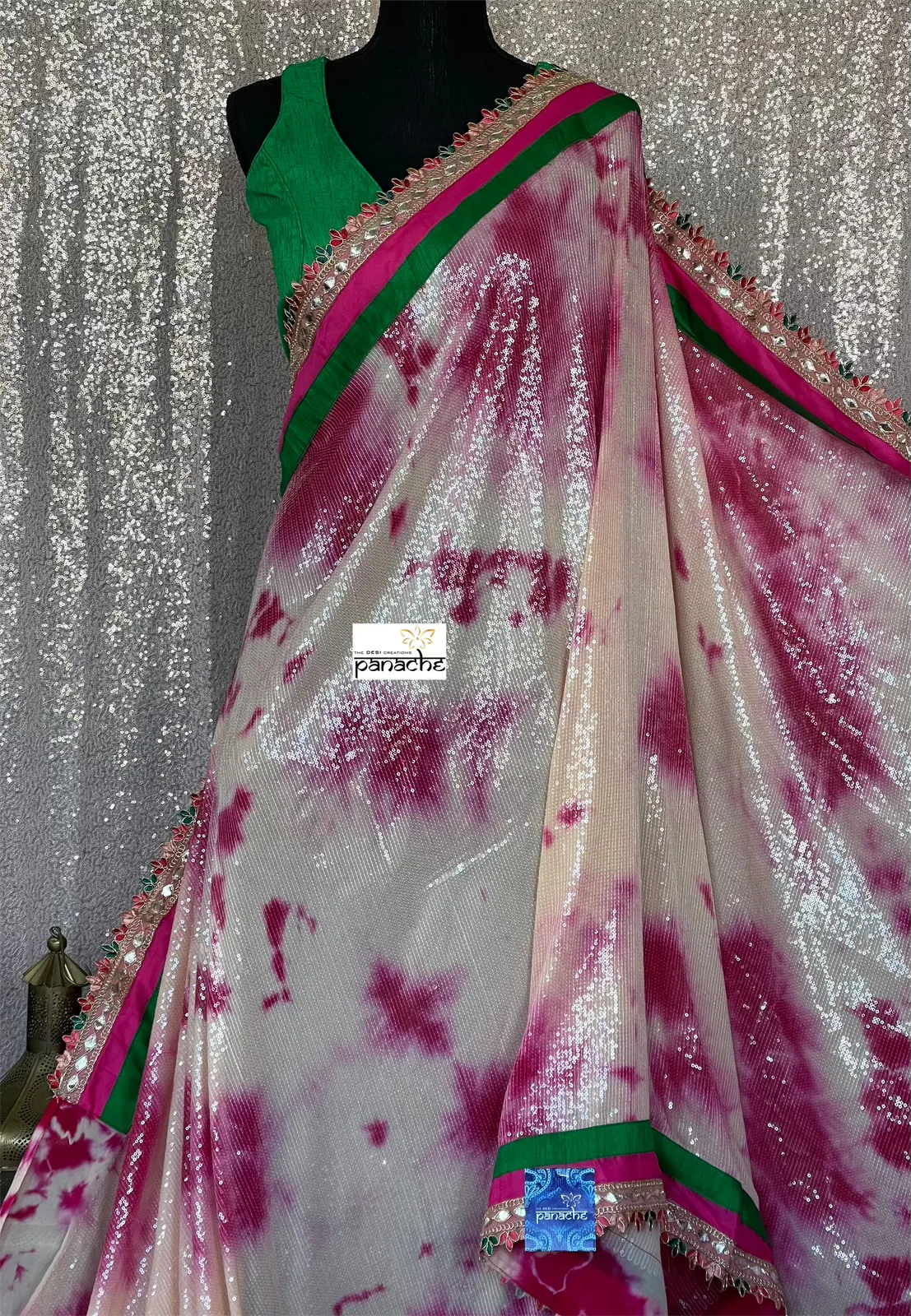 Designer Georgette Sequin Saree - Cream Magenta Tie Dye