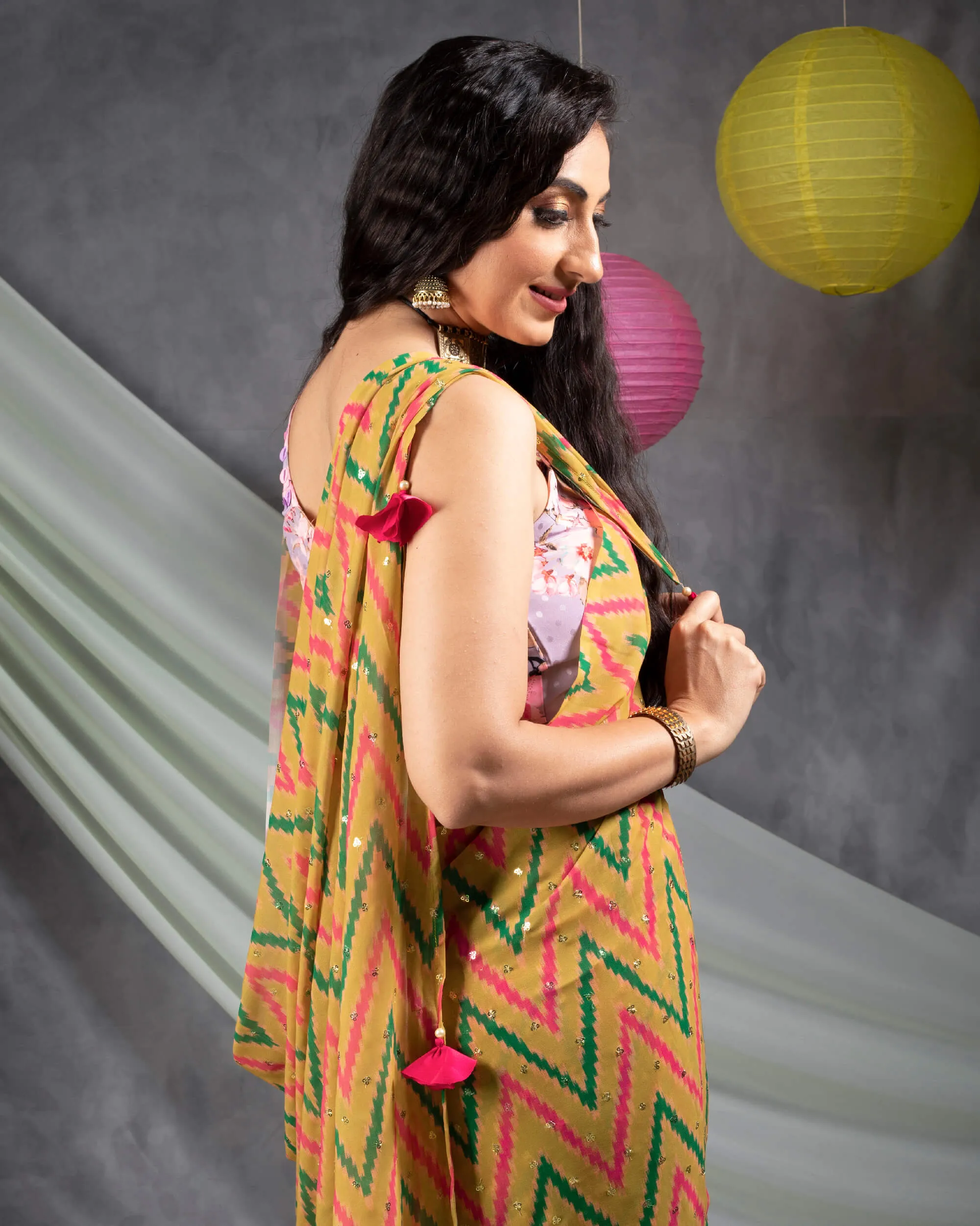 Dijon Yellow And Green Chevron Pattern Booti Sequins Digital Print Georgette Saree With Tassels