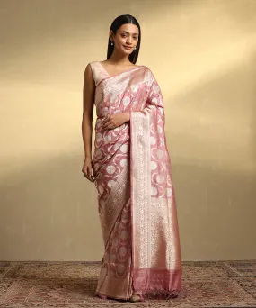 Dusty Rose Handloom Pink Pure Katan Silk Jangla Banarasi Saree With Mughal Motifs