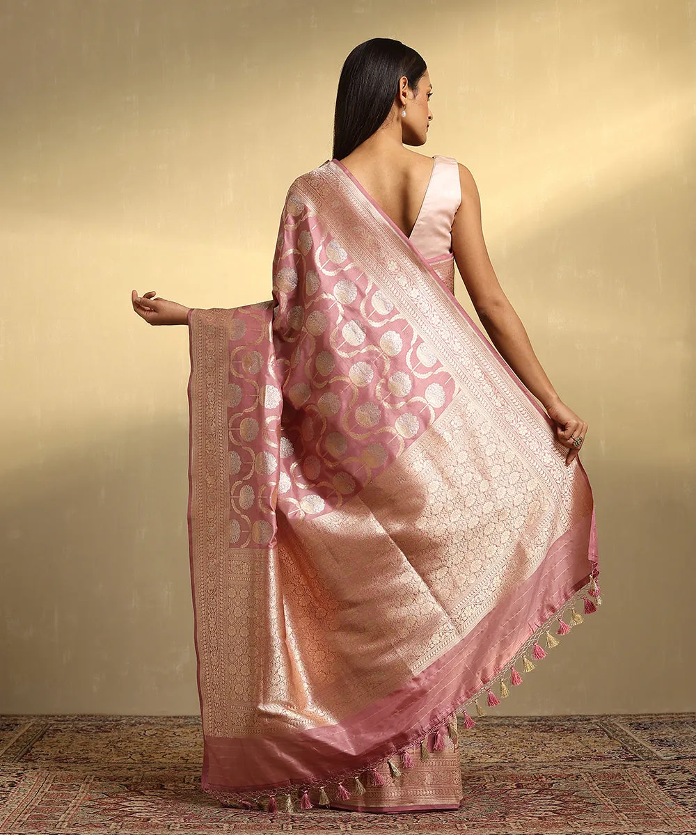 Dusty Rose Handloom Pink Pure Katan Silk Jangla Banarasi Saree With Mughal Motifs