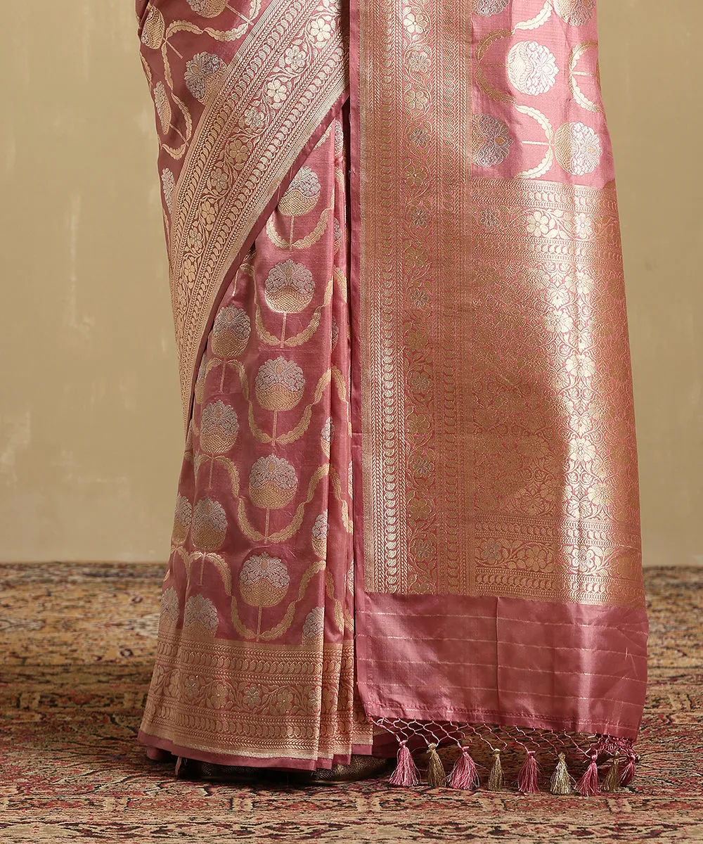 Dusty Rose Handloom Pink Pure Katan Silk Jangla Banarasi Saree With Mughal Motifs