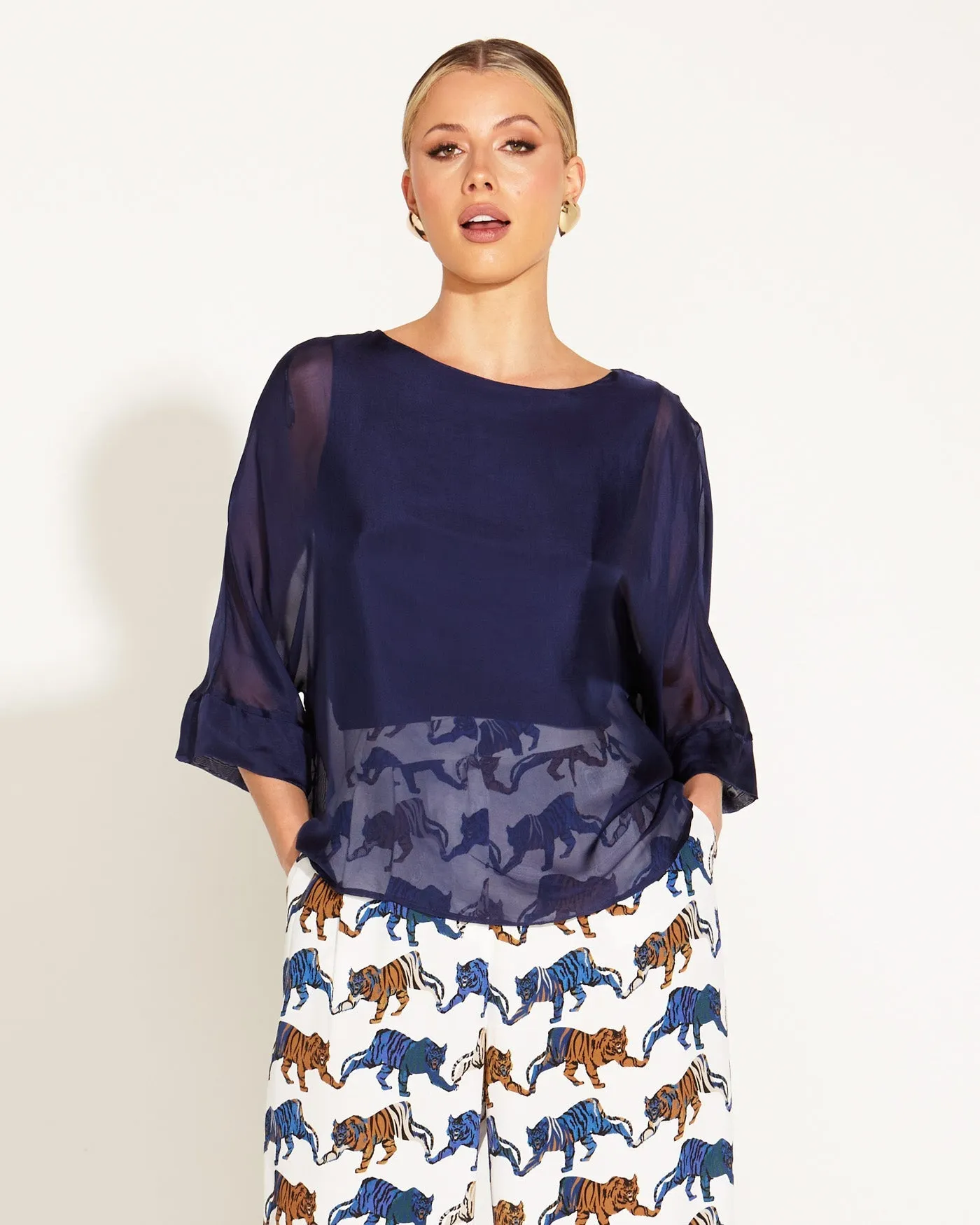 Fate Becker Sunlight Shadow Silk Top Navy - Shop Now