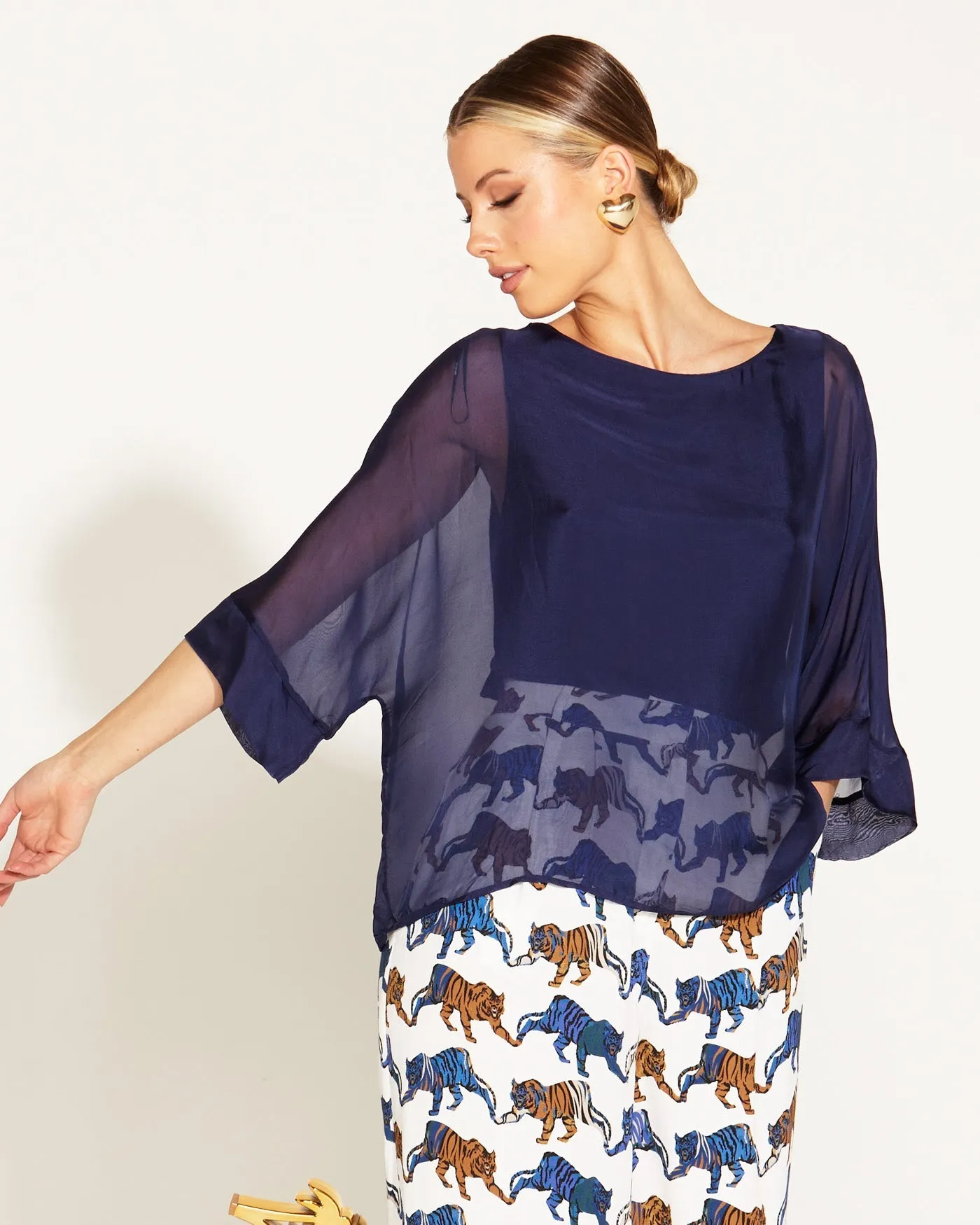 Fate Becker Sunlight Shadow Silk Top Navy - Shop Now