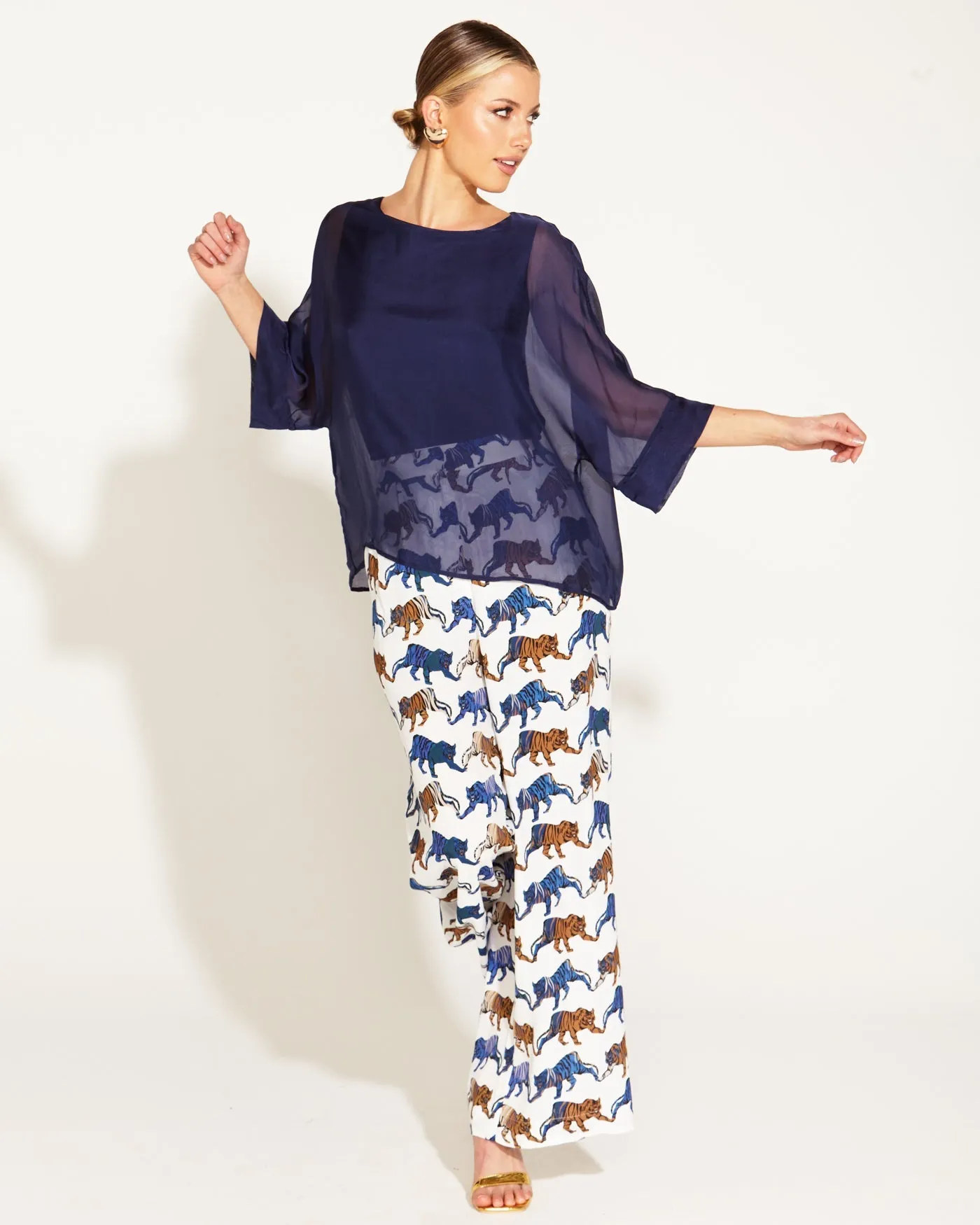 Fate Becker Sunlight Shadow Silk Top Navy - Shop Now