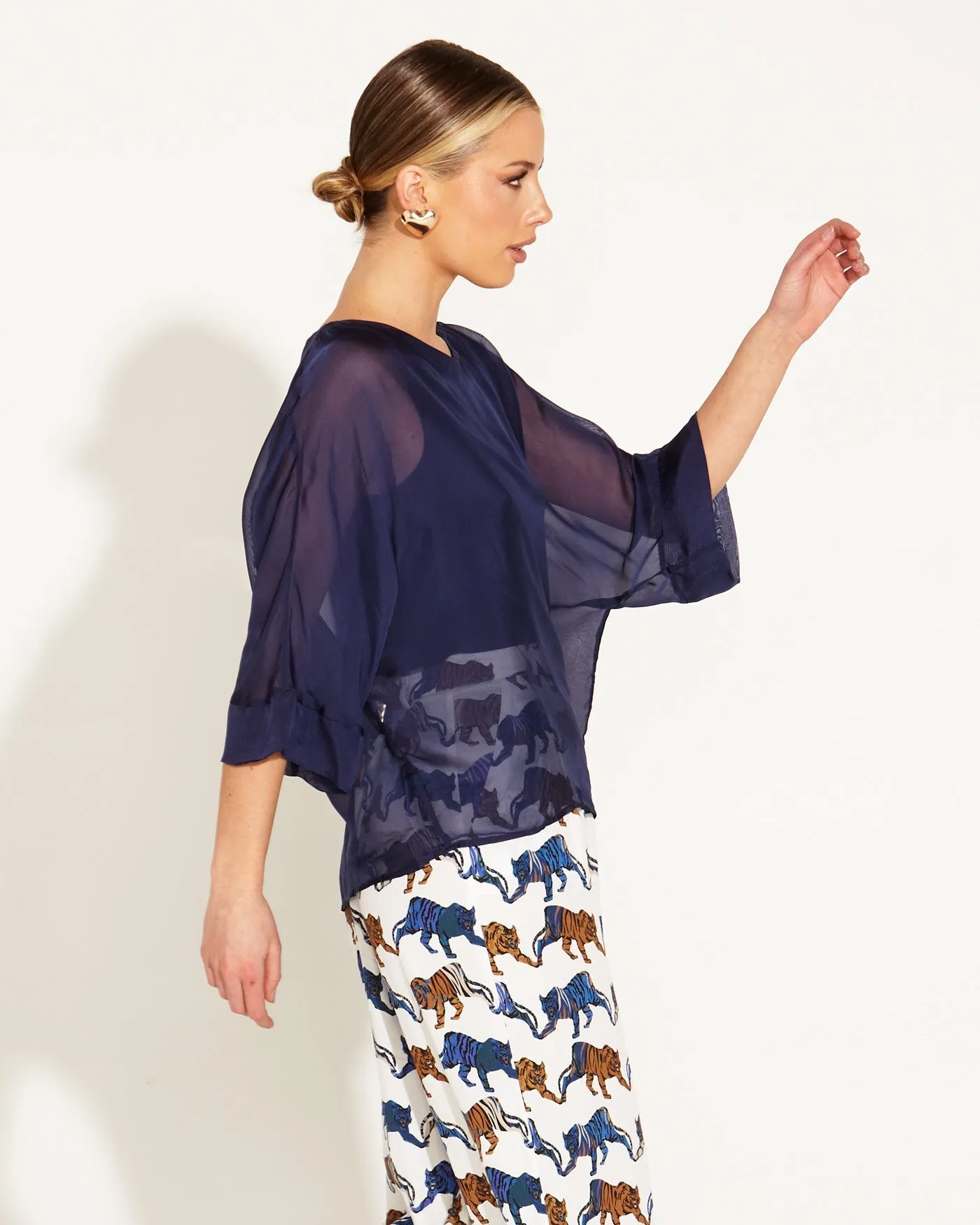 Fate Becker Sunlight Shadow Silk Top Navy - Shop Now