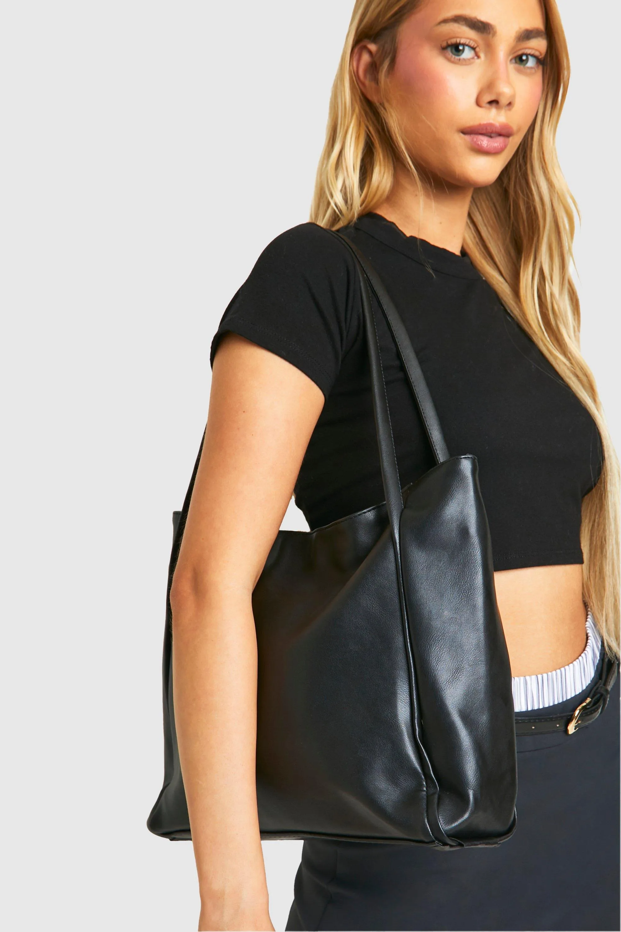 Faux Leather Slouchy Tote Bag