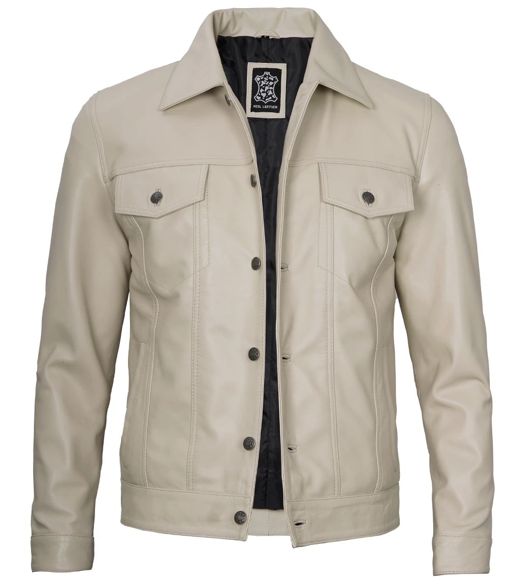 Fernando Men's Beige Real Trucker Leather Jacket