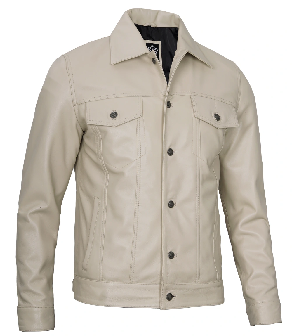 Fernando Men's Beige Real Trucker Leather Jacket