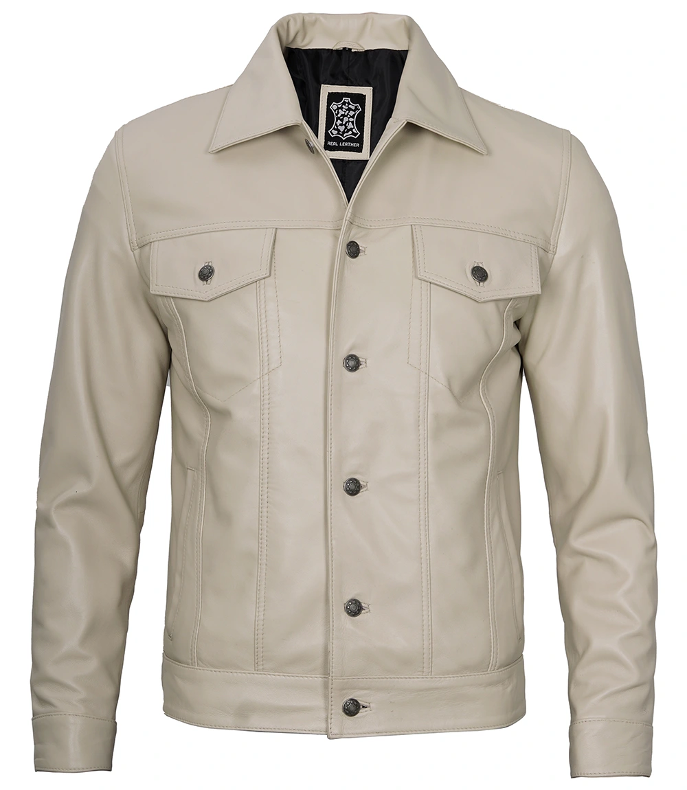 Fernando Men's Beige Real Trucker Leather Jacket