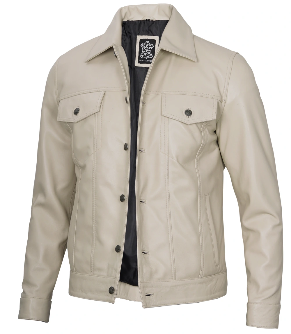 Fernando Men's Beige Real Trucker Leather Jacket