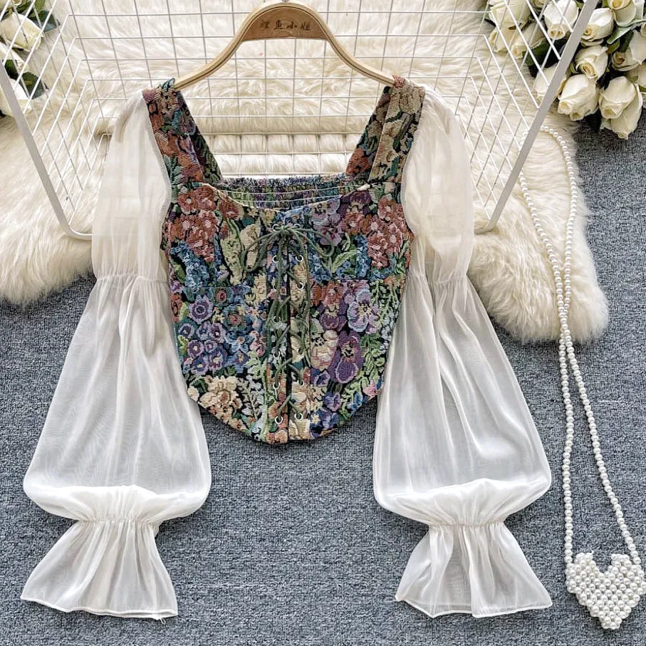 Floral Countryside Style Bustier Tapestry Blouse