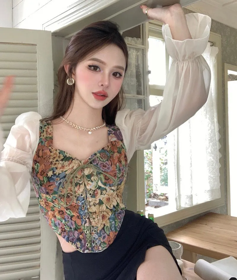 Floral Countryside Style Bustier Tapestry Blouse