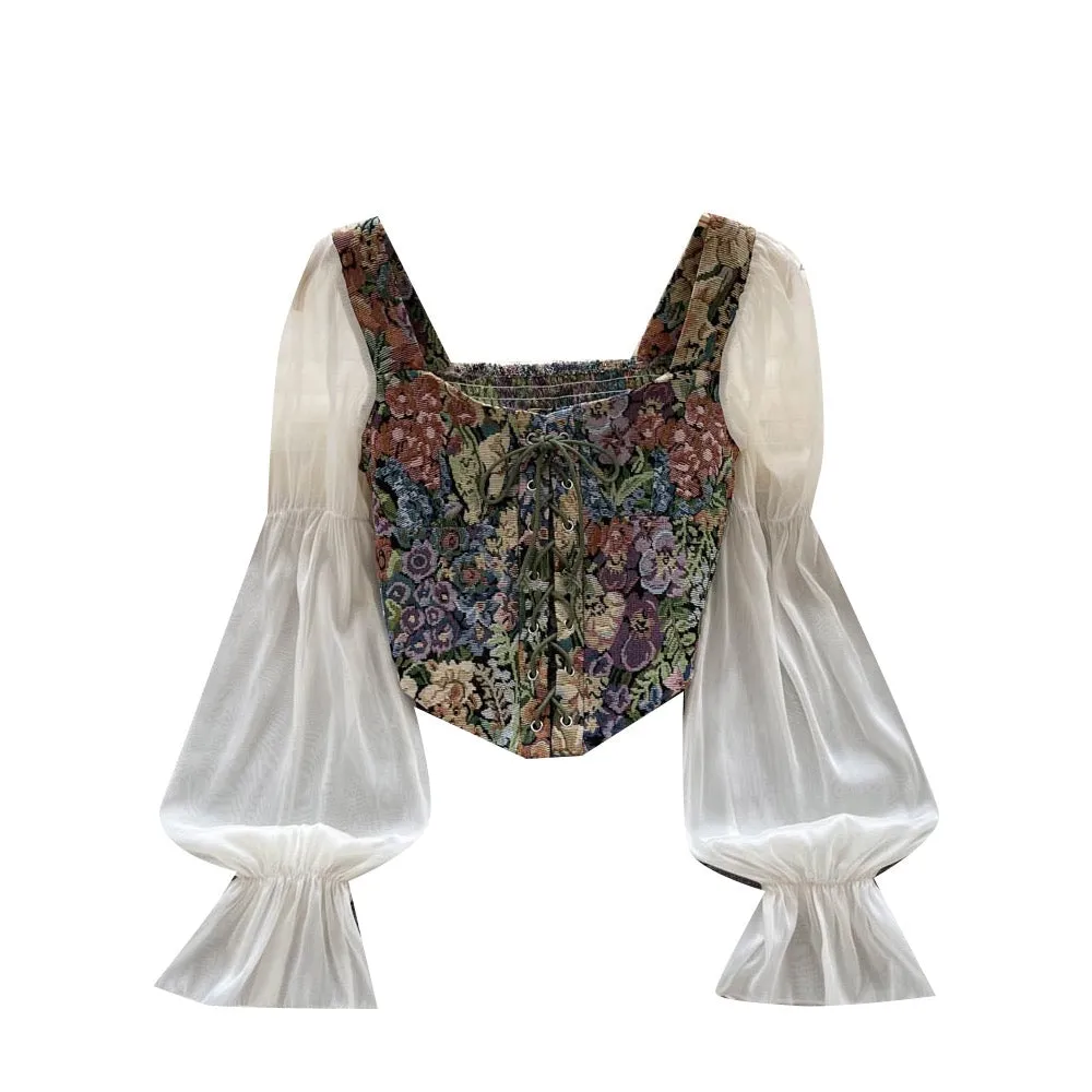 Floral Countryside Style Bustier Tapestry Blouse