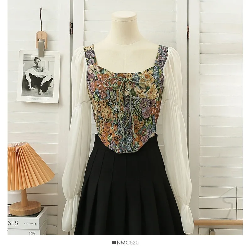 Floral Countryside Style Bustier Tapestry Blouse