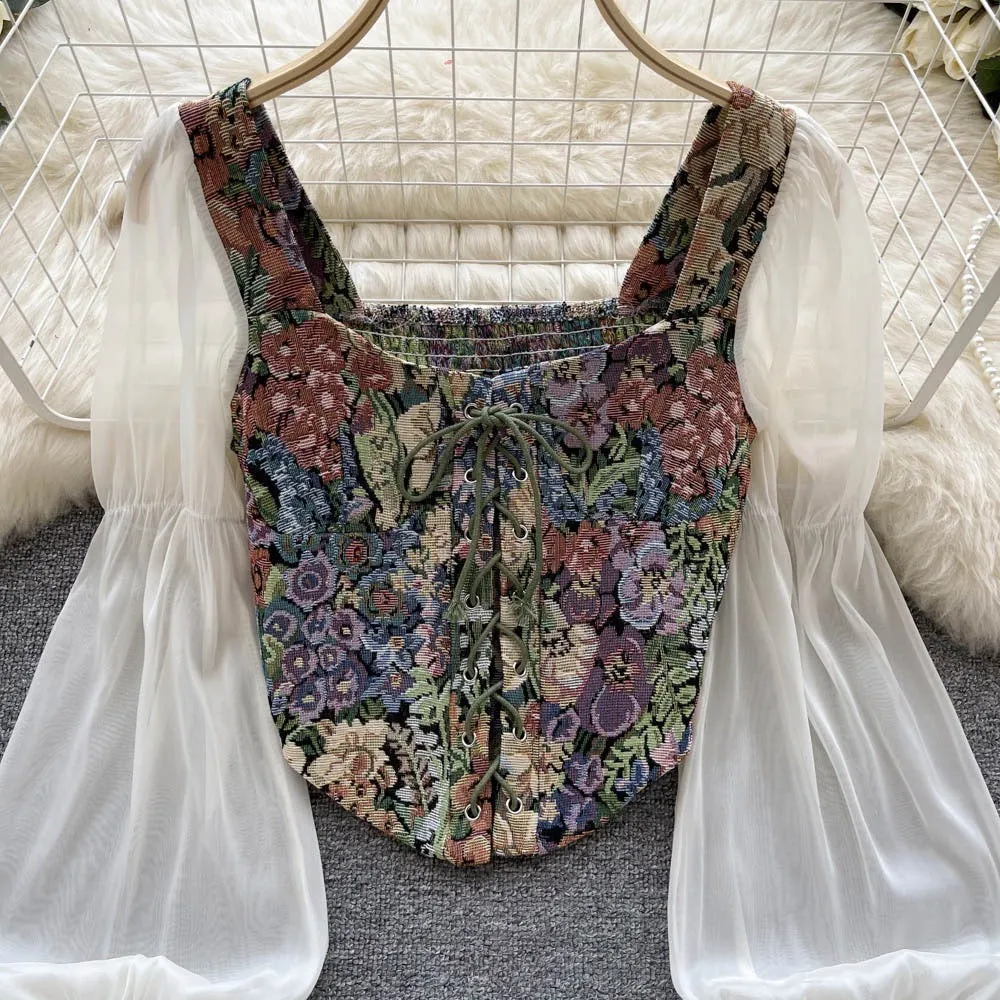 Floral Countryside Style Bustier Tapestry Blouse