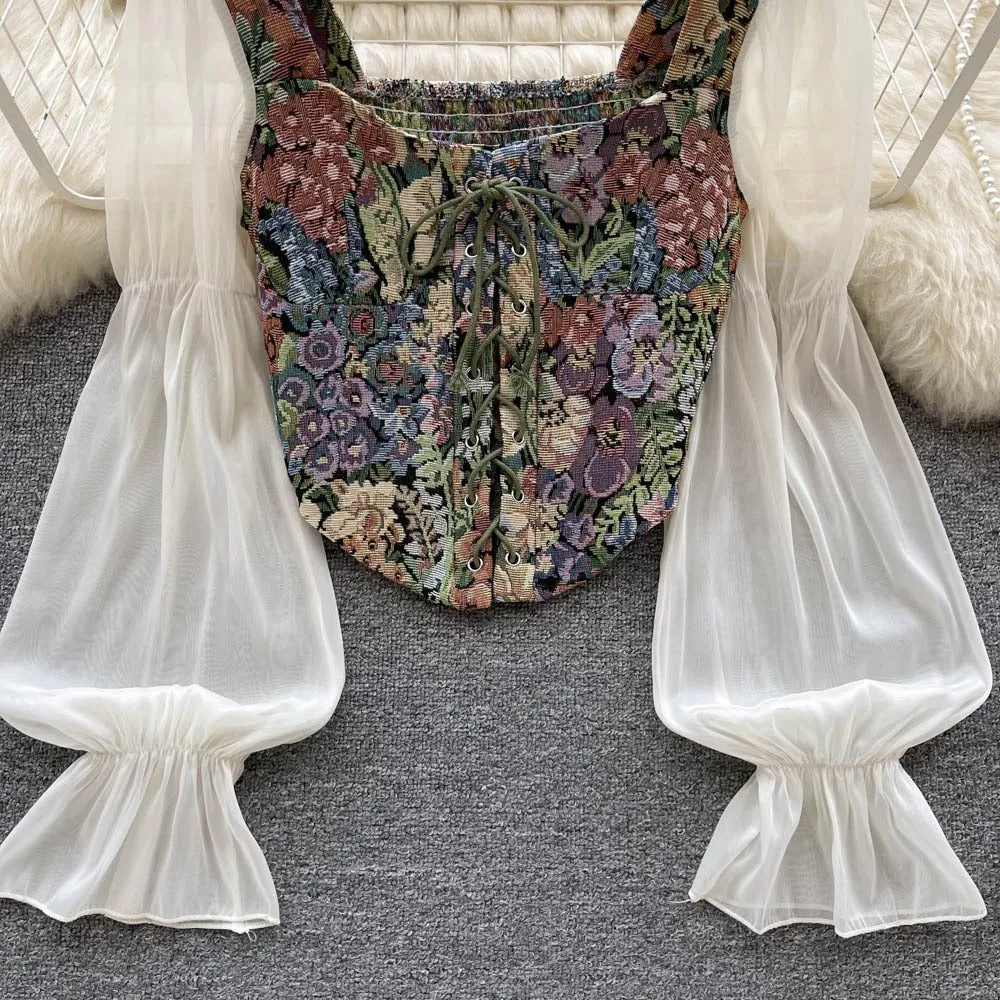 Floral Countryside Style Bustier Tapestry Blouse