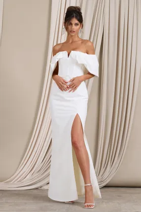 Graces | White Structured Bardot Split Maxi Dress