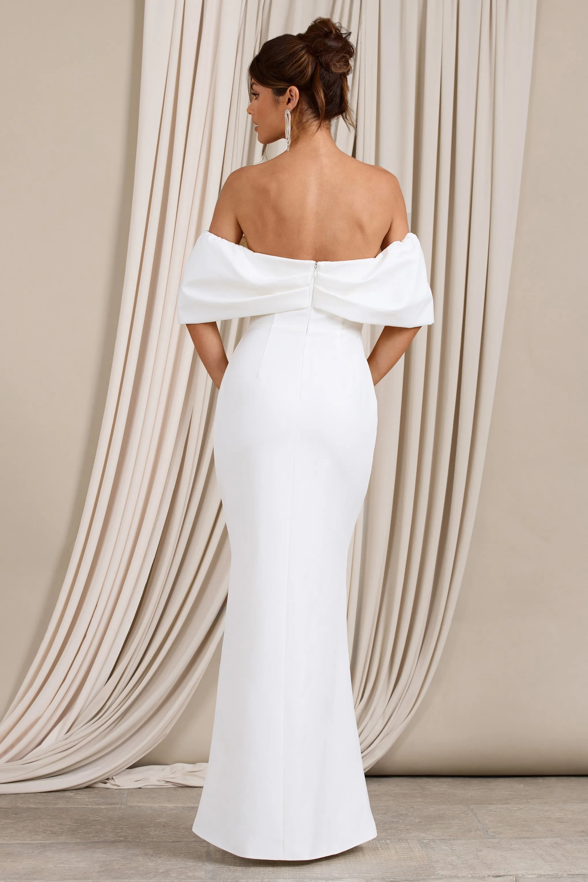 Graces | White Structured Bardot Split Maxi Dress