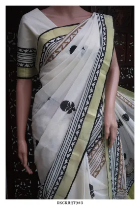 Hand Block Printed Kerala Cotton Saree with Blouse - KIA001KSOA