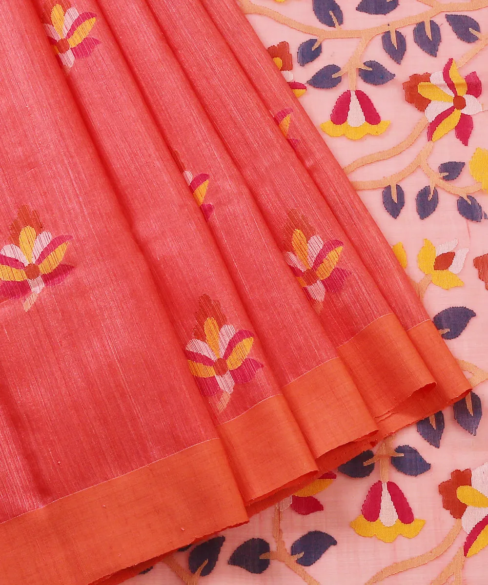 Handloom Carrot Colour Matka Silk Saree With Muslin Jamdani Pallu