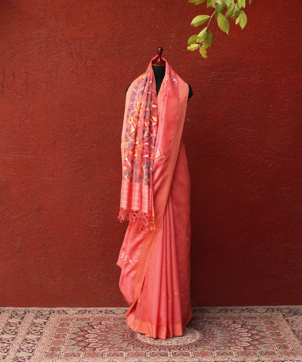 Handloom Carrot Colour Matka Silk Saree With Muslin Jamdani Pallu