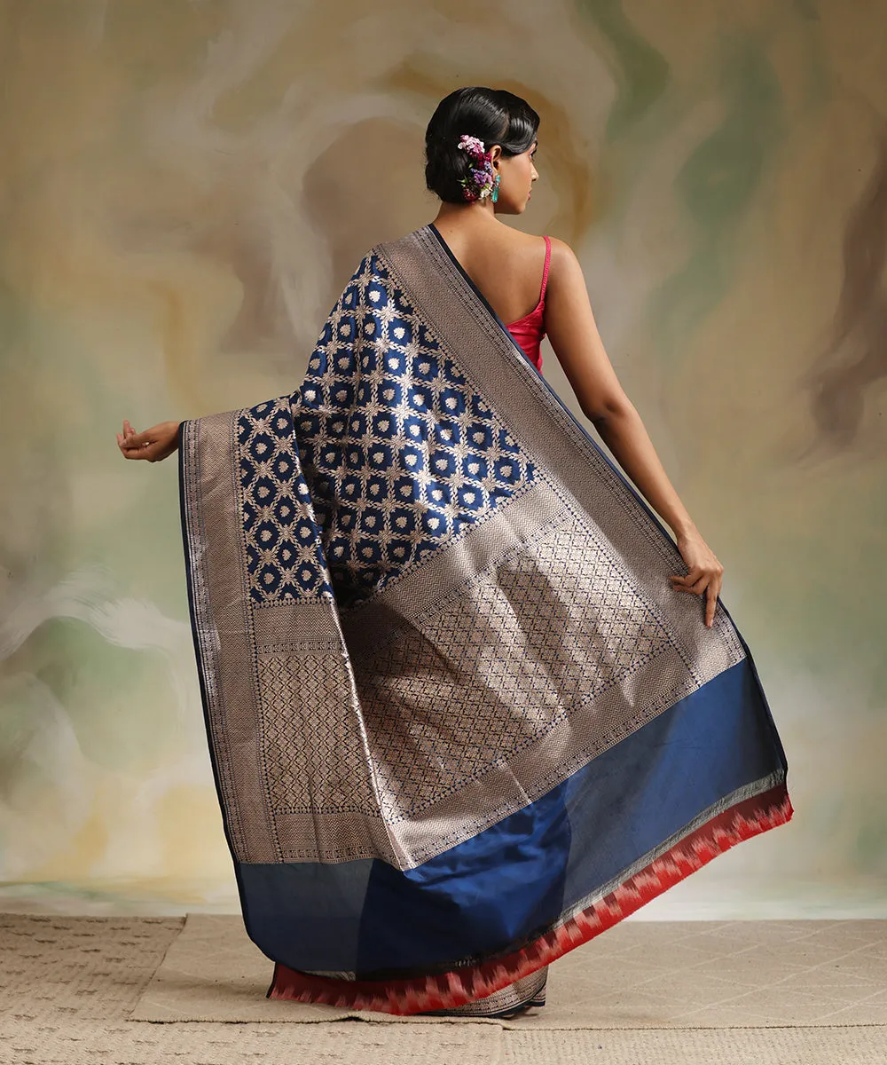 Handloom Navy Blue Double Shade Pure Katan Silk Banarasi Saree With All Over Gold Zari