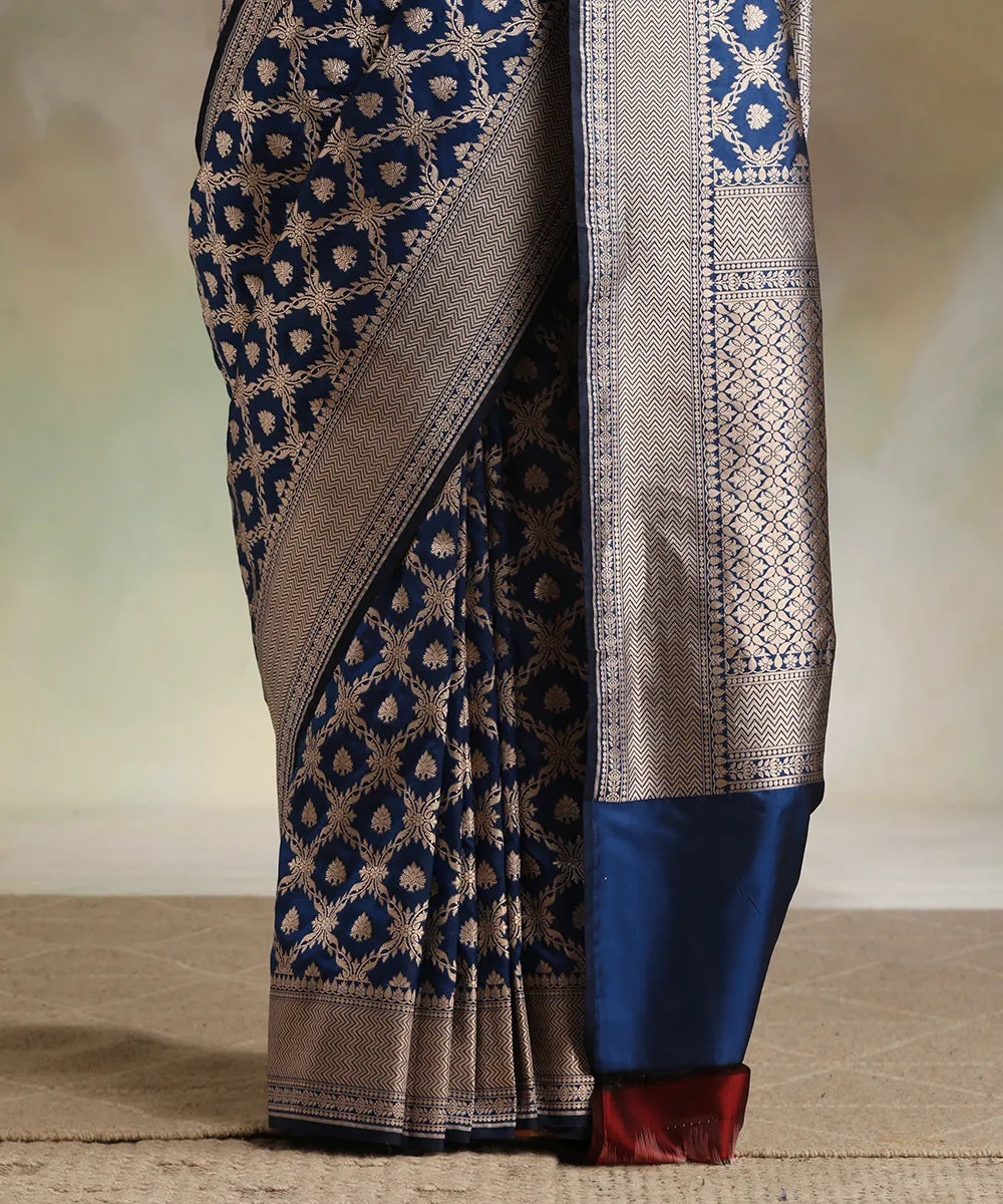 Handloom Navy Blue Double Shade Pure Katan Silk Banarasi Saree With All Over Gold Zari