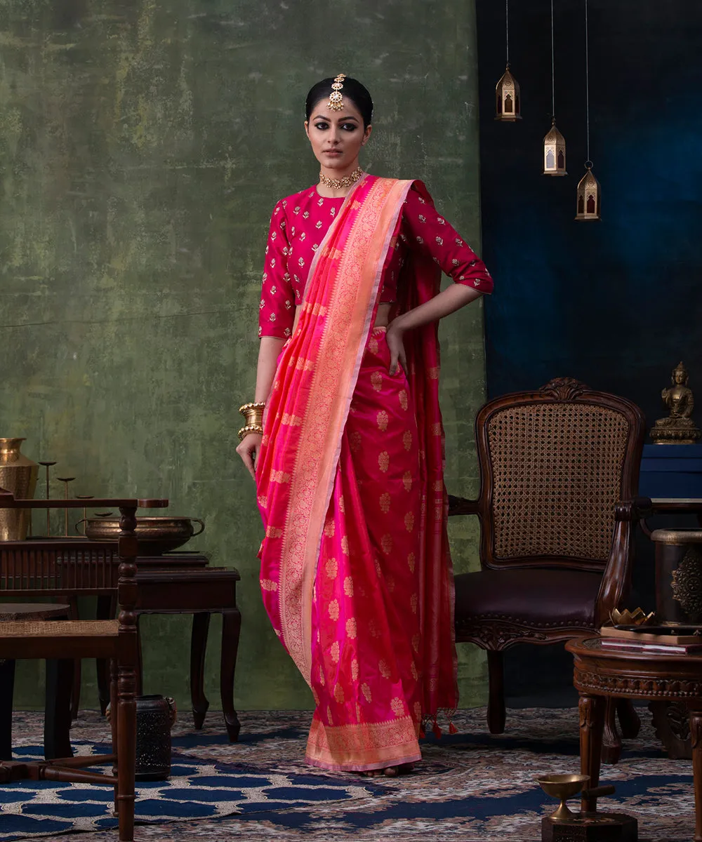 Handloom Pink And Orange Dual Tone Pure Katan Silk Banarasi Saree with Cutwork Booti