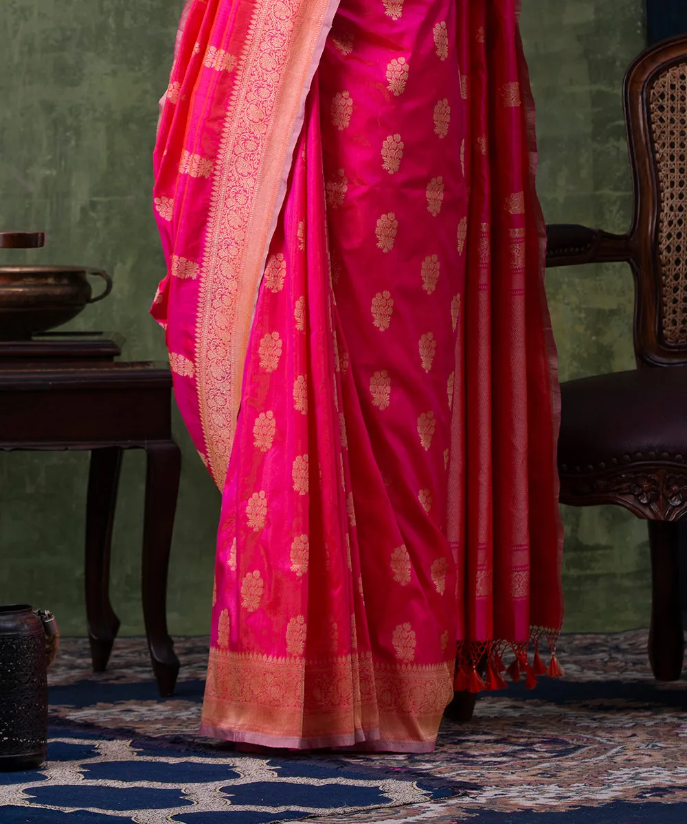 Handloom Pink And Orange Dual Tone Pure Katan Silk Banarasi Saree with Cutwork Booti