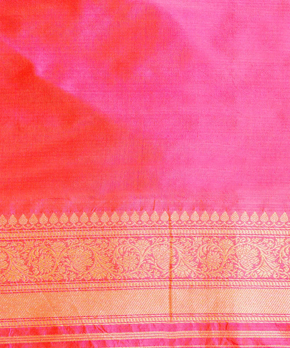 Handloom Pink And Orange Dual Tone Pure Katan Silk Banarasi Saree with Cutwork Booti